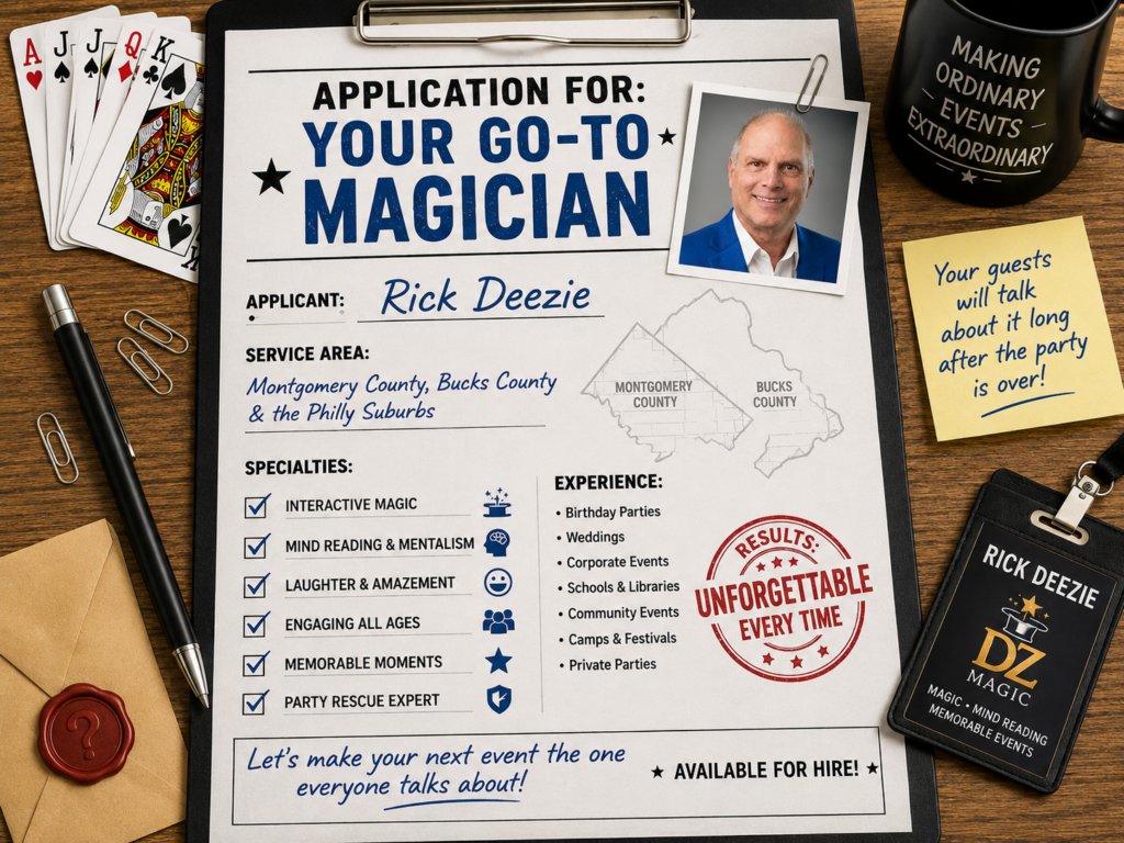 Application form for Rick Deezie as your go-to magician in Montgomery County and Bucks County with magic cards, headshot, and event entertainment details
