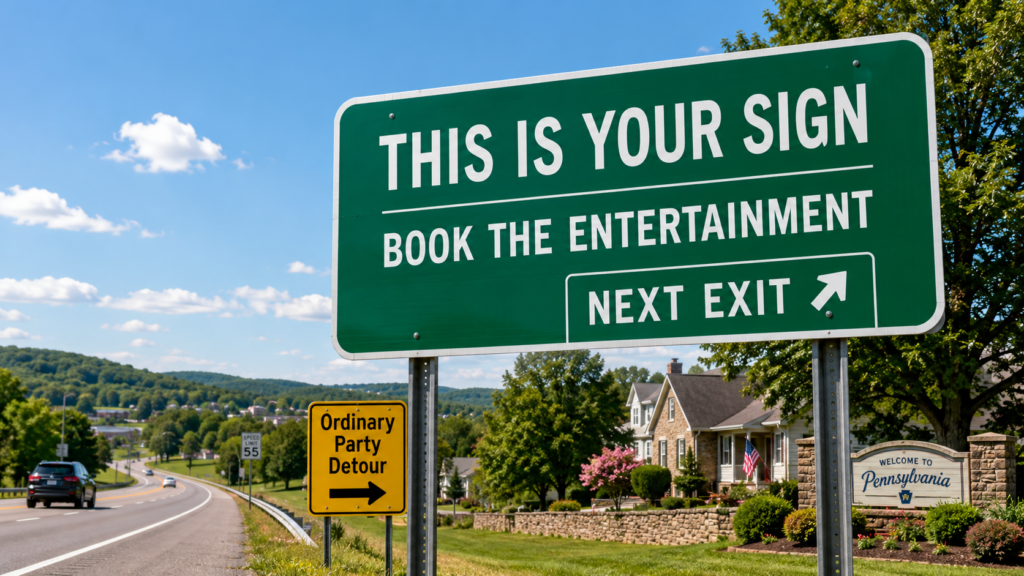 Large green highway sign reads 'THIS IS YOUR SIGN' with 'BOOK THE ENTERTAINMENT' and a 'NEXT EXIT' arrow, set in a suburban scene.